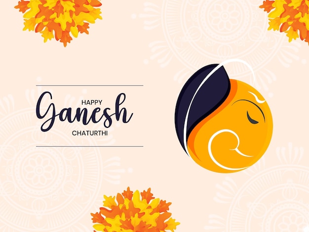 Felice Ganesh Chaturthi Saluti Illustrazione vettoriale con un semplice mandala e uno sfondo floreale vibrante