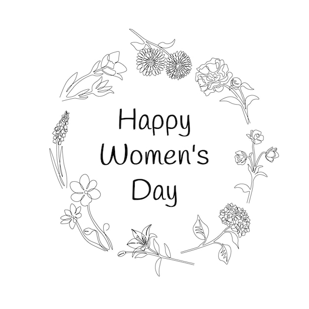 Felice Giornata delle Donne Disegno a linea di fiori Cornice botanica Cartella di auguri Celebrazione internazionale Contorno di fiori selvatici Fiori di confine Piante in fiore Bandiera vettoriale delle vacanze primaverili