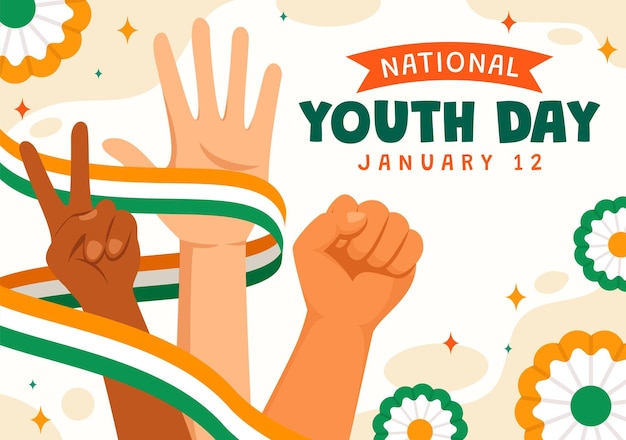 Felice Giornata Internazionale della Gioventù dell'India Illustrazione vettoriale con bandiera indiana e giovani ragazzi o ragazze