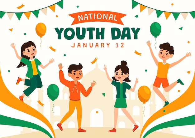 Felice Giornata Internazionale della Gioventù dell'India Illustrazione vettoriale con bandiera indiana e giovani ragazzi o ragazze