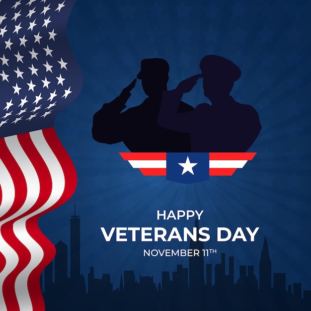 Felice giorno dei veterani 11 novembre con un'illustrazione della bandiera degli Stati Uniti su sfondo blu a raggiera