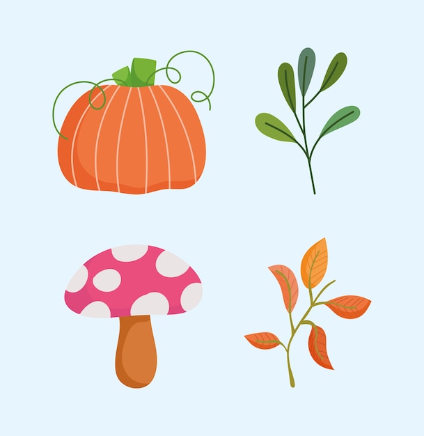 Felice giorno del ringraziamento, ramo di funghi zucca autunno lascia icone