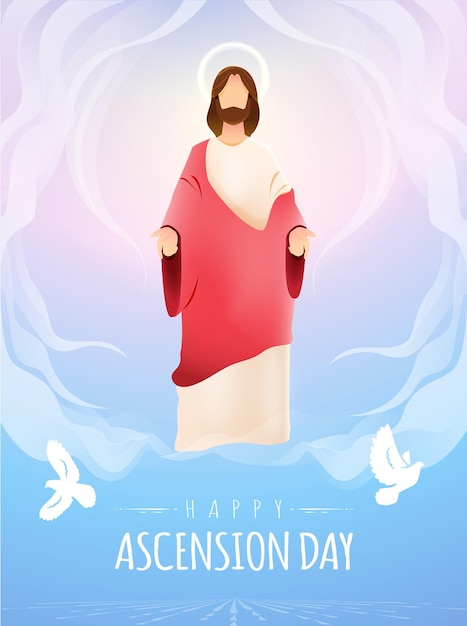 Felice giorno dell'Ascensione Design con Gesù Cristo in cielo illustrazione vettoriale Sacrificio del Messia