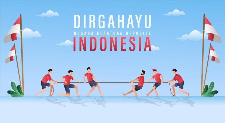 Vettore felice giorno dell'indipendenza dell'indonesia illustrazione vettoriale con giochi tradizionali