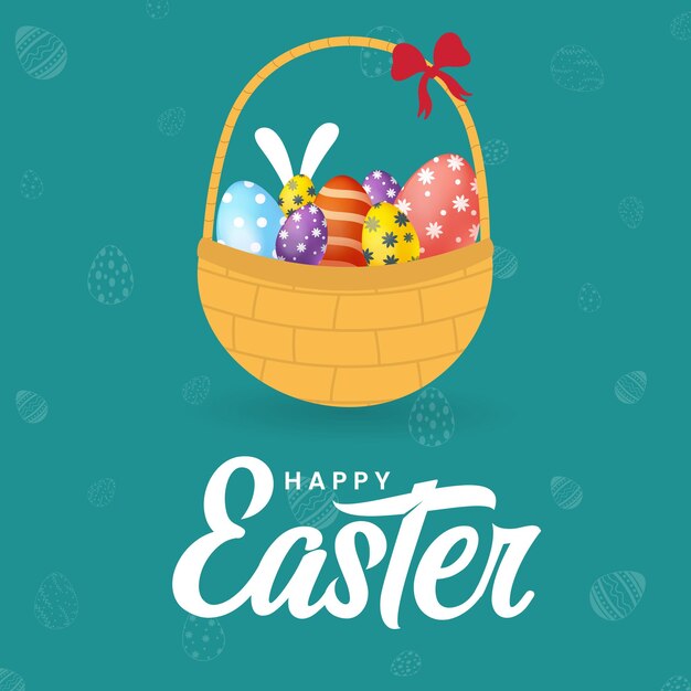 Felice giorno di Pasqua con cesto di uova di Pasqua in sfondo verde