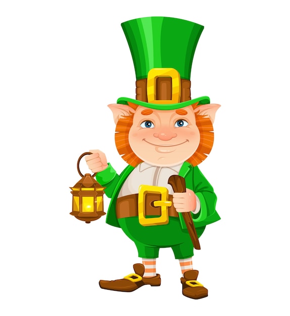 Felice giorno di San Patrizio Personaggio dei cartoni animati di leprechaun allegro che tiene lanterna e bastone da passeggio