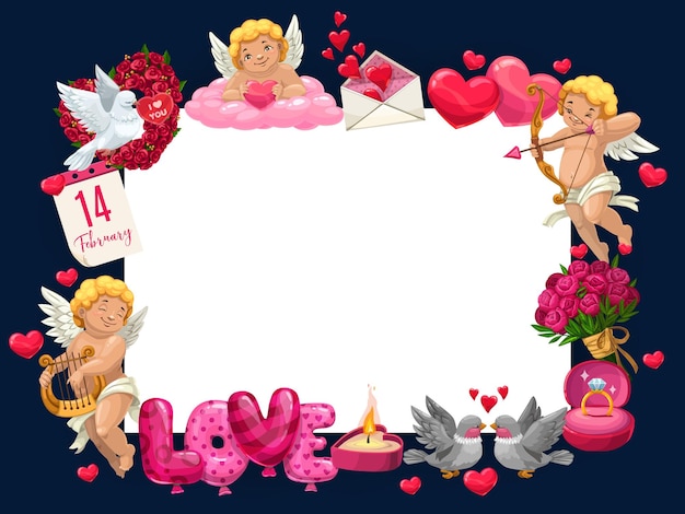 Felice giorno di San Valentino amore cuori e cornice di amorini