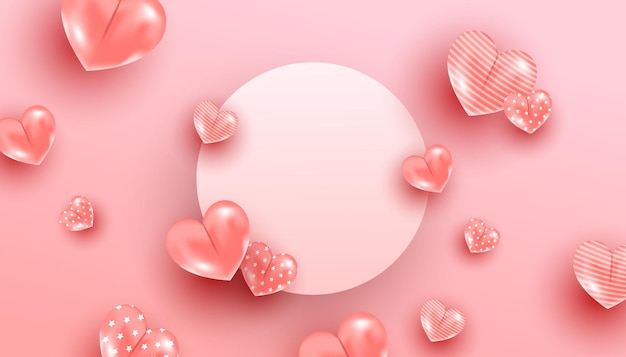 Felice giorno di San Valentino romantici cuori rosa volanti su sfondo rosa e cerchio cornice