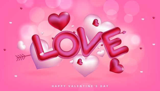 Felice giorno di san valentino sfondo con oggetti decorativi festivi, a forma di cuore e testo di parole d'amore