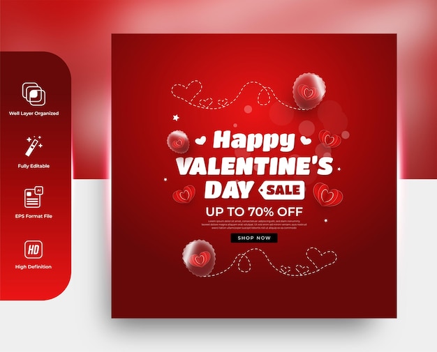 Felice giorno di San Valentino social media poster o banner sfondo con modello di palloncino rosso amore 3d