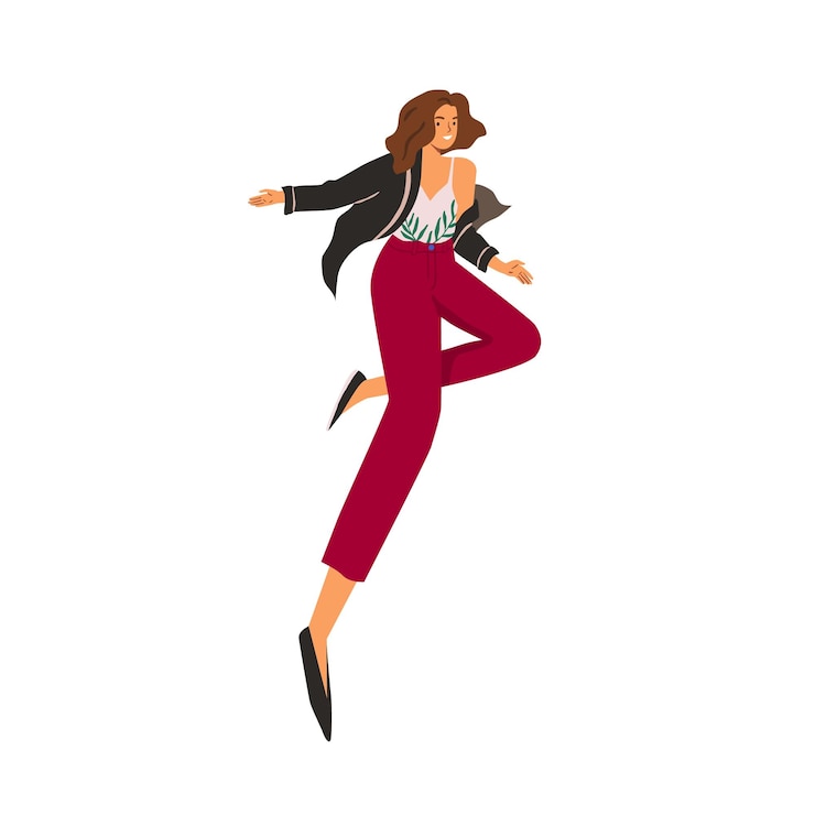 Vettore felice giovane donna spensierata che salta per divertimento e gioia, sentendo la libertà. personaggio sorridente eccitato attivo con emozioni positive. illustrazione vettoriale piatta colorata isolata su sfondo bianco.