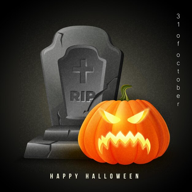Felice halloween 3D realistico jack lanterna e lapide spaventose