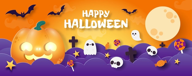 felice halloween banner carta tagliata stile sfondo poster festa divertente dolcetto o scherzetto