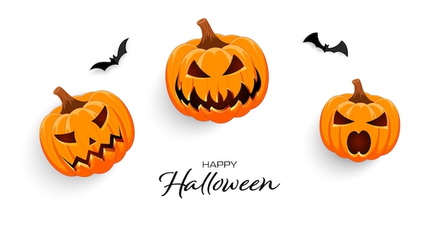 Felice Halloween. Banner su sfondo bianco con zucche e pipistrelli.