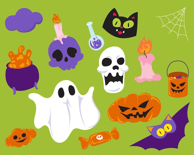 Felice Halloween insieme di elementi fantasma zucca pipistrello e gatto Il vettore è un'illustrazione carina in mano al dott