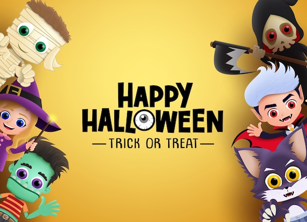 Felice halloween sfondo banner vettoriale Personaggi di Halloween e testo di saluto dolcetto o scherzetto