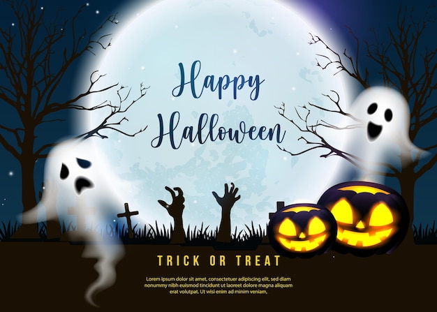 Felice halloween spaventoso jack lanterna spirito fantasma con sfondo del cimitero notte di luna piena