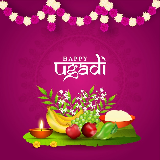Felice illustrazione Ugadi con frutta, foglie di Neem, fiori, lampada a olio illuminata, ciotola di sale e ghirlanda di fiori
