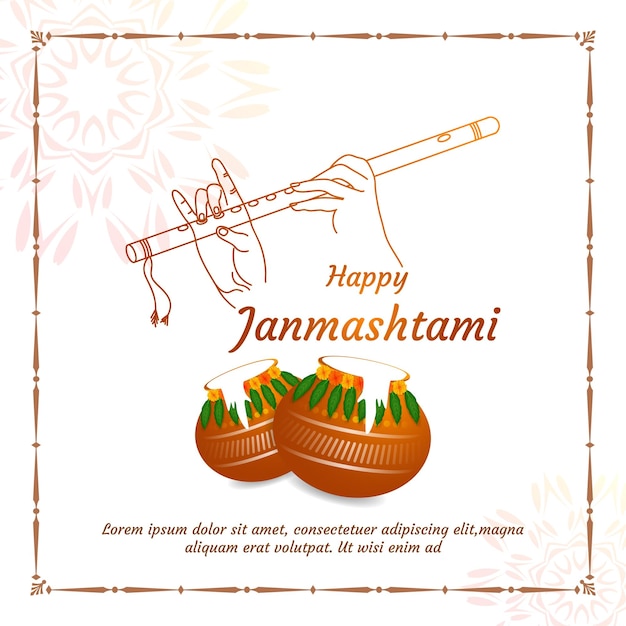 Felice janmashtami lord krishna che suona la linea arte bansuri e lo sfondo del festival indiano dahi handi