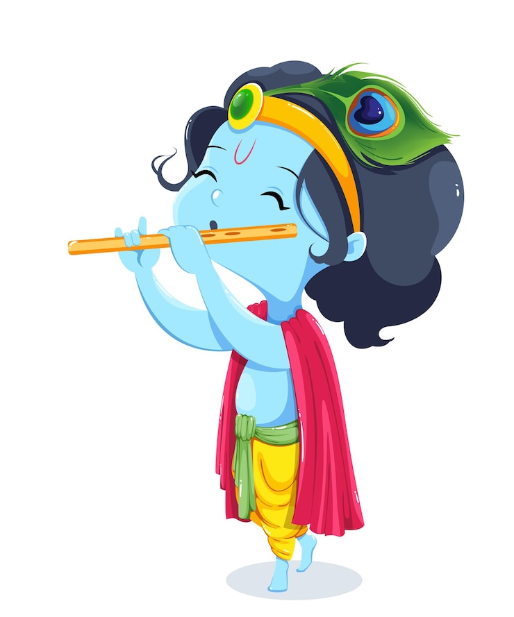 Vettore felice krishna janmashtami biglietto di auguri lord krishna kid pagando flauto