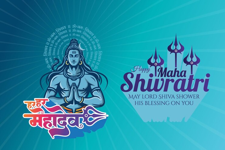 Vettore felice maha shivratri saluto con il signore shiva illustrazione e har har mahdev calligrafia hindi