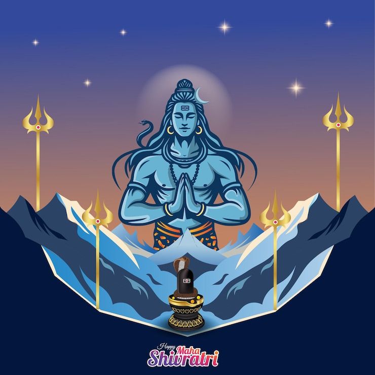 Vettore felice maha shivratri saluto con il signore shiva namaste posa illustrazione
