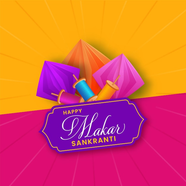 Felice Makar Sankranti etichetta o telaio con bobine di corde colorate, aquiloni di carta origami su sfondo di raggi rosa e gialli.