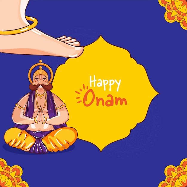 Felice Onam Celebration Poster Design con Vamana Leg sul re Mahabali per le benedizioni