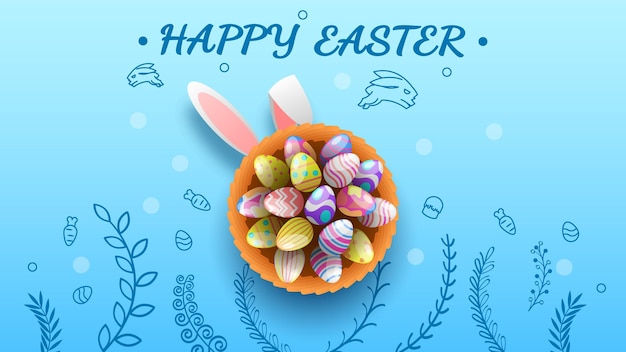 Felice Pasqua Piante Torta di carota Uova di saluto Sfondio Disegno vettoriale Banner Invito a festa