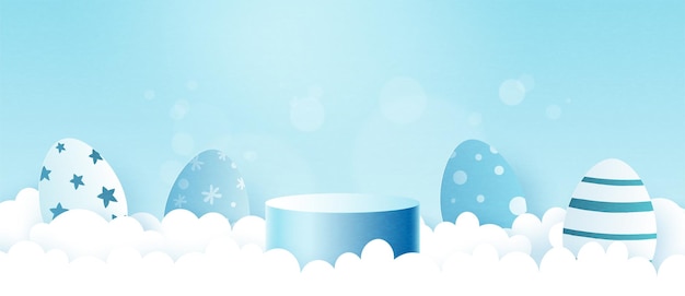Felice Pasqua sfondo Arte cartacea di uova di Pasqua e nuvole su sfondo blu cielo Banner modello mockup designIllustrazione vettoriale