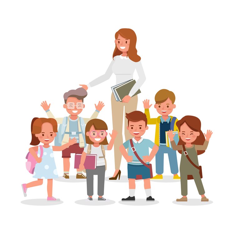 Felice personaggio insegnante e studente. Presentazione in varie azioni con emozioni, in piedi e camminando.