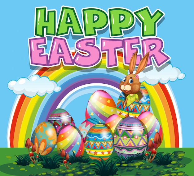 Felice poster di Pasqua con coniglietto e uova colorate