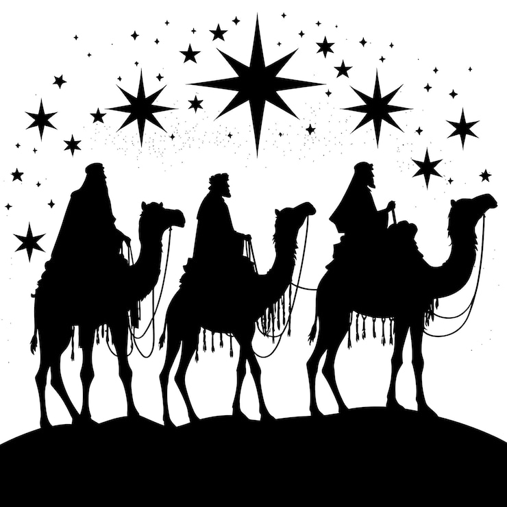 Vettore felice progettazione del giorno dell'epifania silhouette dei tre magi su cammello stella luminosa natività di gesù