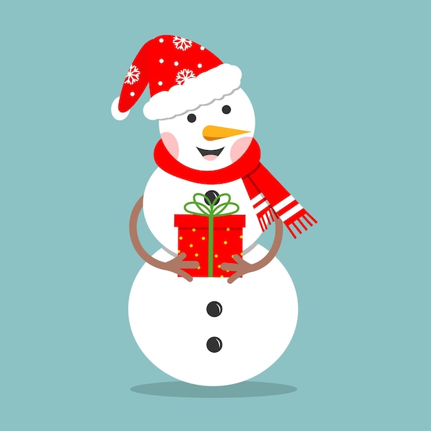 Felice pupazzo di neve con un cappello, guanti e sciarpa che tiene in mano un regalo Simbolo delle vacanze di Natale