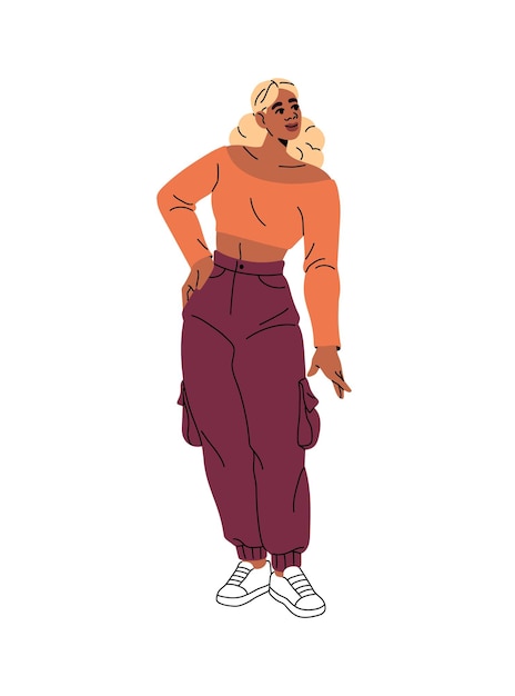 Felice ragazza afroamericana in pantaloni alla moda in stile sportivo Una giovane donna nera carina indossa abiti casuali eleganti Una donna in pantalone alla moda si trova un'illustrazione vettoriale isolata piatta su bianco