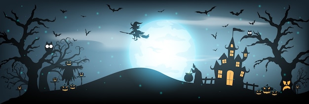 Felice sfondo di Halloween con casa stregata, luna piena e strega.