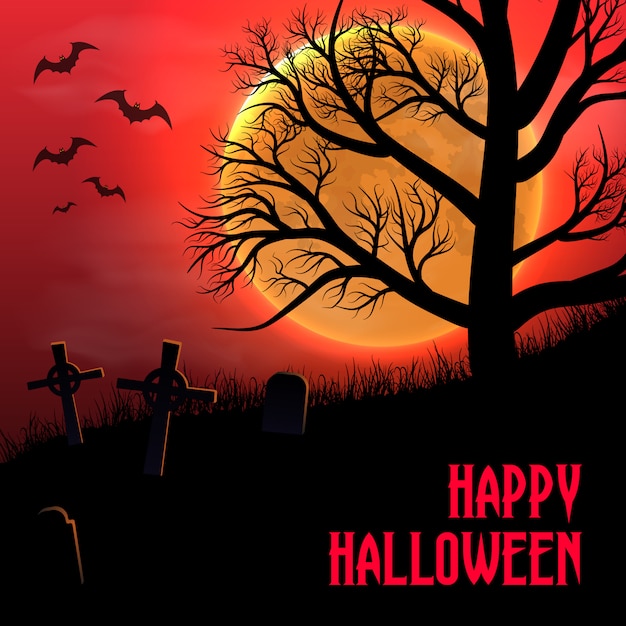 Felice sfondo di Halloween con cimitero, alberi e luna.