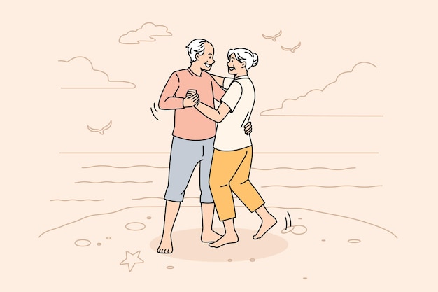 Felice stile di vita attivo del concetto di persone mature. Sorridendo felice coppia di anziani positivi uomo e donna in piedi ballando e godendosi il fine settimana sulla spiaggia illustrazione vettoriale