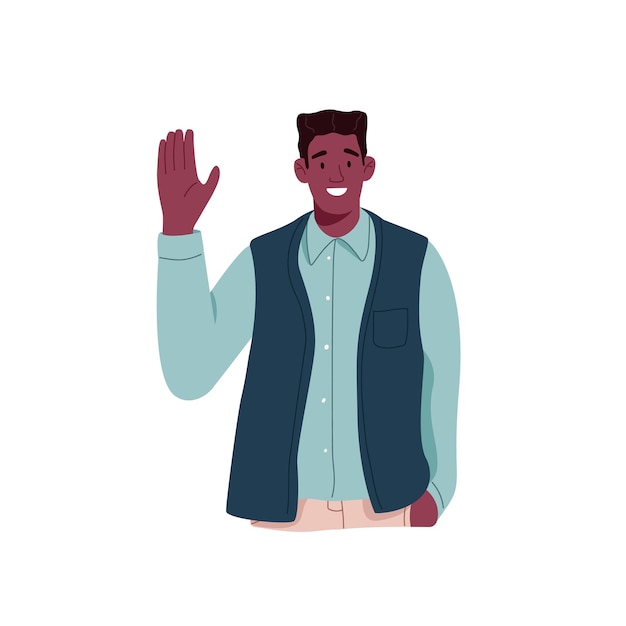 Felice uomo nero gesticolando ciao con agitando la mano saluto e accogliente smb Ritratto di giovane sorridente persona amichevole che dice ciao illustrazione vettoriale piatto isolato su sfondo bianco