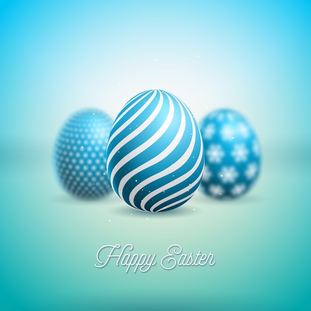 Felice vacanza di Pasqua con uova dipinte di blu su sfondo lucido
