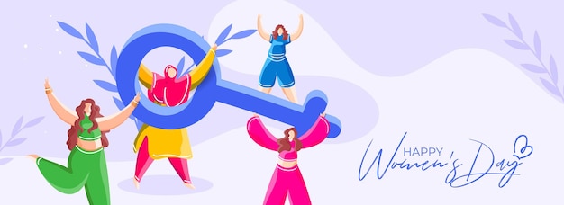 Felicità Donne giovani personaggi di religioni diverse insieme e segno di genere femminile in occasione di Happy Womens Day banner pubblicitario o design di intestazione