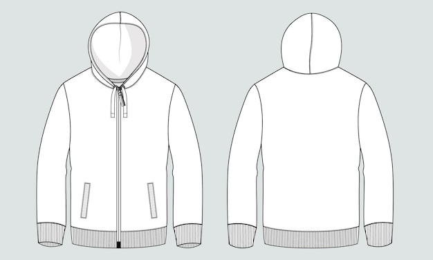 Felpa con cappuccio a manica lunga Illustrazione vettoriale di schizzo piatto di moda tecnica Modello di colore nero