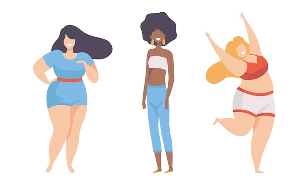 Femmina con tipo di figura e altezza diversi come set vettoriale di body positive e auto-accettazione