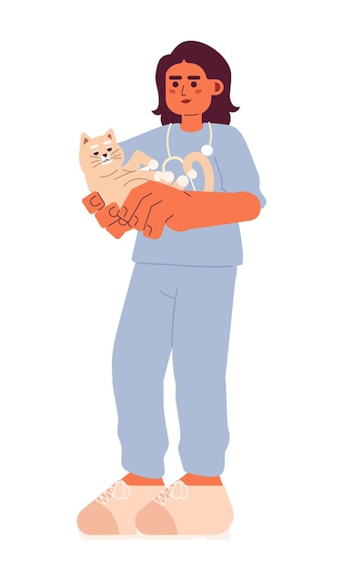 Femmina gatto veterinario cartone animato flat illustrazione stetoscopio veterinario donna medio orientale che porta animale domestico personaggio 2D isolato su sfondo bianco medico veterinario clinica scena vettoriale immagine a colori