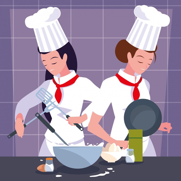 Vettore femmine professionali del cuoco unico che cucinano nella cucina di scena