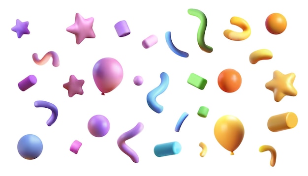 Festa clappers confetti forme vettoriali 3D fuochi d'artificio di compleanno stella e elemento per il design di saluto