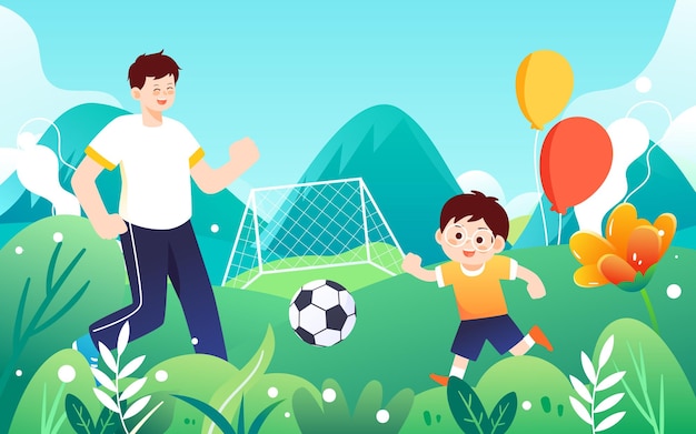 Festa del papà papà e figlio che giocano insieme con varie piante e scatole regalo sullo sfondo