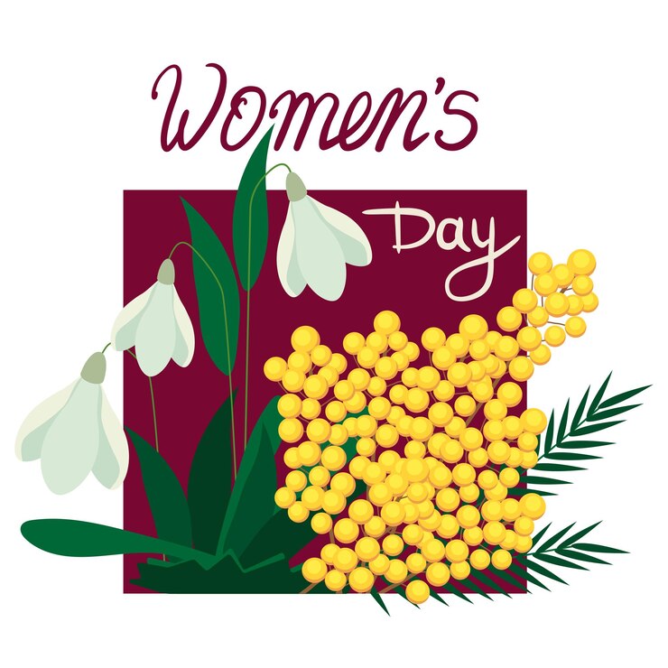 Vettore festa della donna piatta con cartolina di mimose e gigli