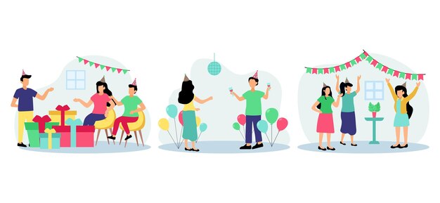 Festa di compleanno con gli amici scena piatto Bundle Design