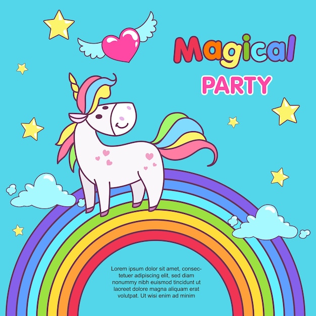 Festa di compleanno con modello di design unicorno Pony fiabesco felice sull'arcobaleno Ideale per inviti, volantini e poster Illustrazione vettoriale